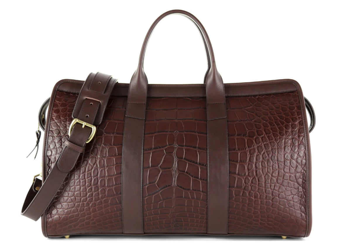 Brown Crocodile-Pattern Leather Duffel Bag