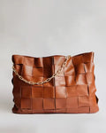 Tan Woven Leather Tote Bag with Gold Chain Strap